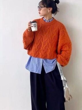 MOON RIVER Orange Diamond Knit Sweater Oversized Chunky Crewneck Pullover XS S M